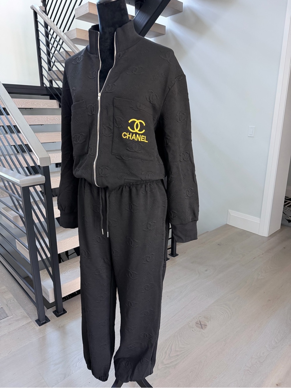 Chanel Black Logo Matching Track suit with Wide Leg Pants and Pockets size L - Picture 4 of 7